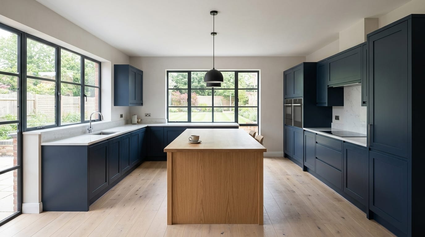 Wide view of a newly completed bespoke Mastercraft kitchen in a Ecclesfield home, modern shaker cabinetry in porcelain tones