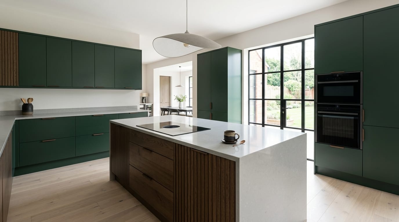 Wide view of a newly completed bespoke Mastercraft kitchen, matt painted handleless slab cabinetry in lava tones
