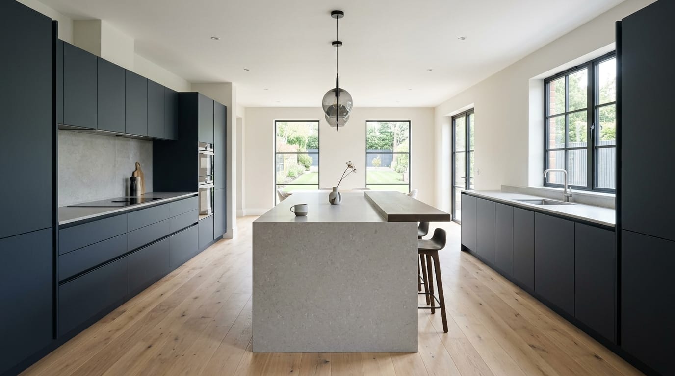 Wide view of a newly completed bespoke Mastercraft kitchen, contemporary in-frame cabinetry in light teal tones