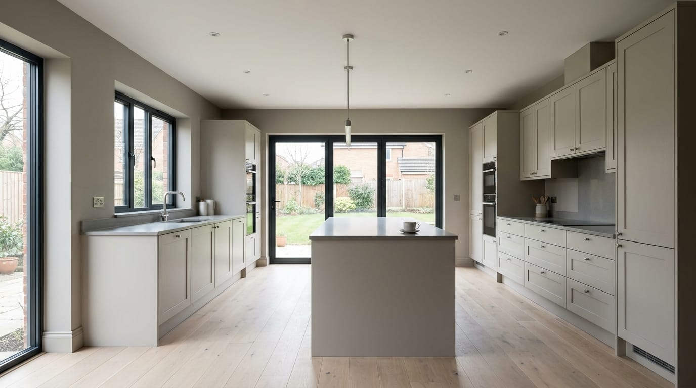 Wide view of a newly completed bespoke Mastercraft kitchen, matt painted handleless slab cabinetry in airforce tones