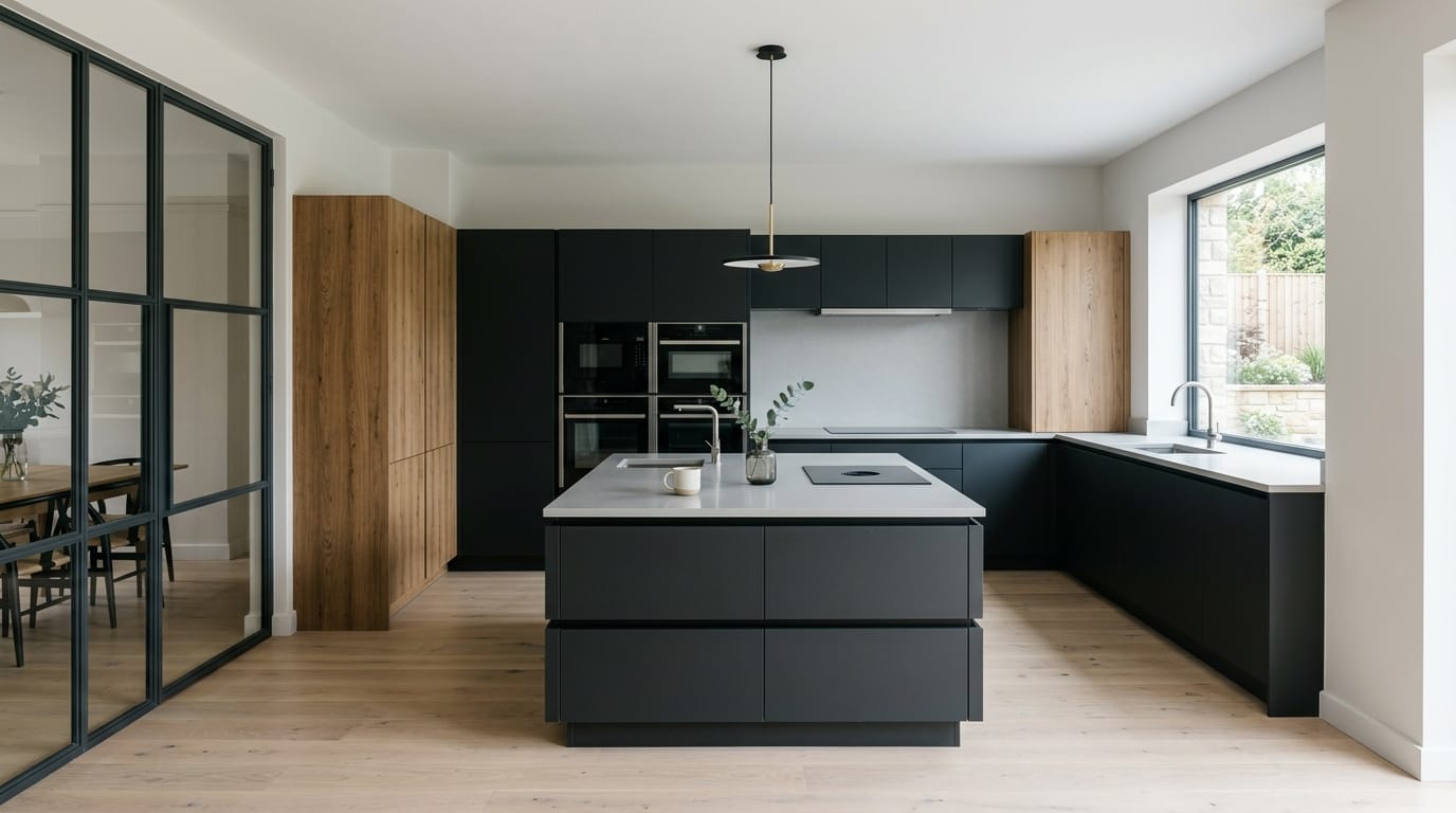 Wide view of a newly completed bespoke Mastercraft kitchen, matt painted handleless slab cabinetry in cannon black tones