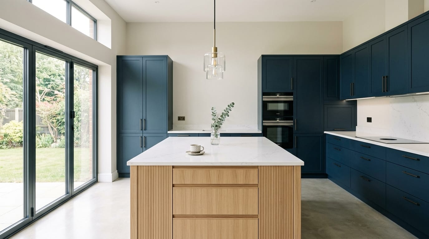Wide view of a newly completed bespoke Mastercraft kitchen, modern shaker cabinetry in viridian tones