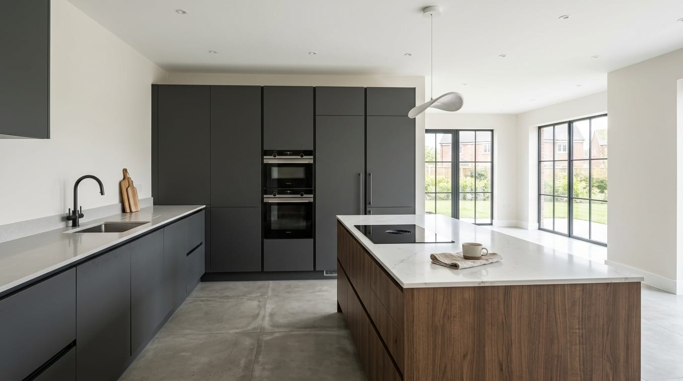 Wide view of a newly completed bespoke Mastercraft kitchen, contemporary painted lay-on cabinetry in reed green tones