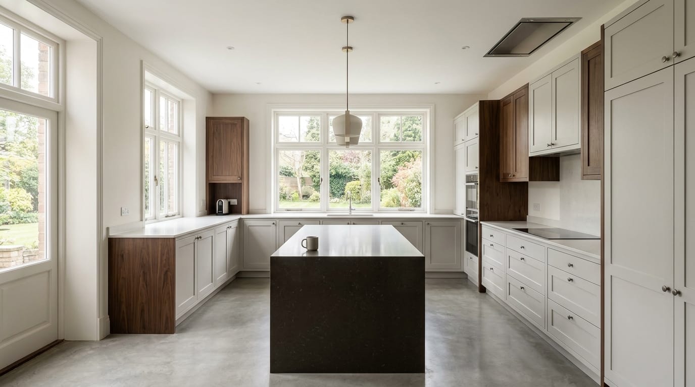 Wide view of a newly completed bespoke Mastercraft kitchen, modern shaker cabinetry in stone grey tones