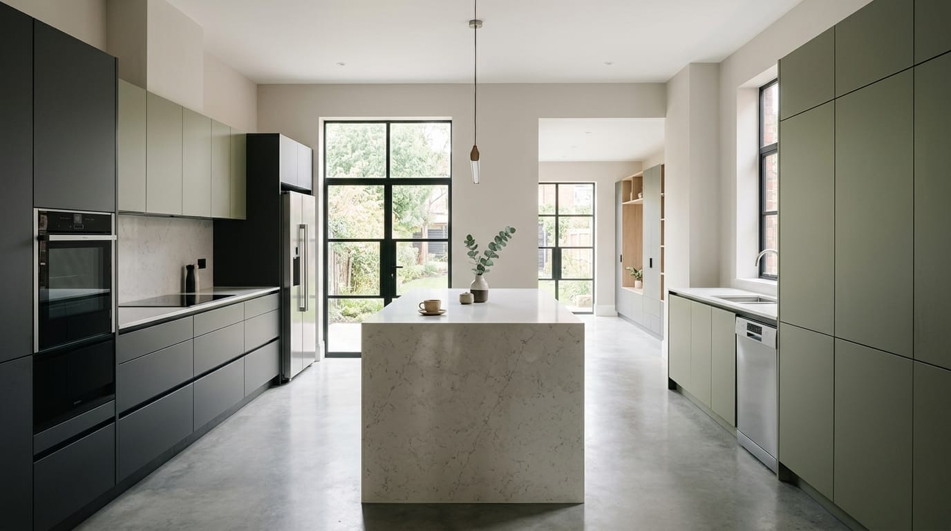 Wide view of a newly completed bespoke Mastercraft kitchen, matt painted handleless slab cabinetry in shell tones