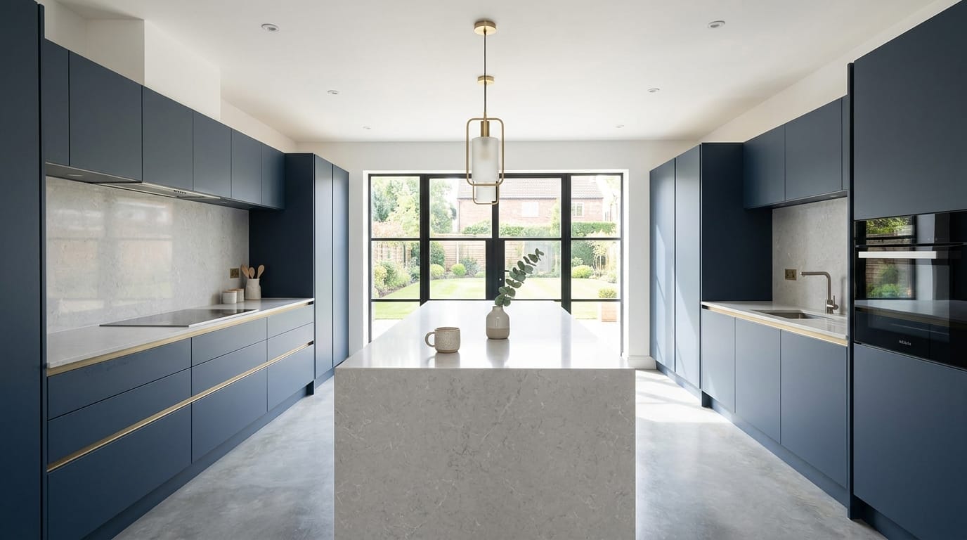 Wide view of a newly completed bespoke Mastercraft kitchen, modern shaker cabinetry in deep forest tones