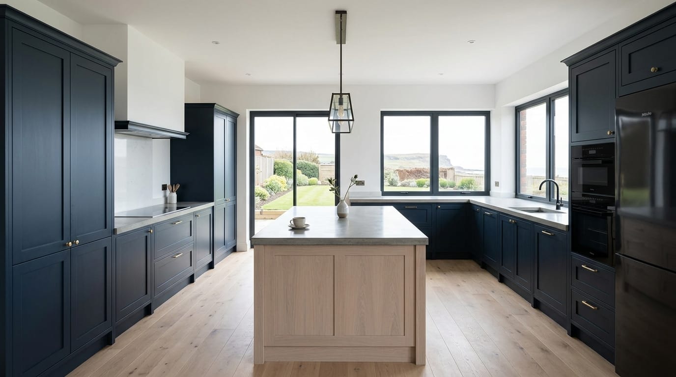 Wide view of a newly completed bespoke Mastercraft kitchen, matt painted handleless slab cabinetry in stone tones