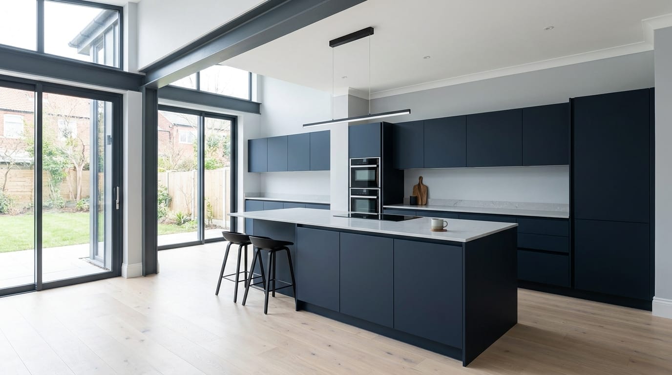 Wide view of a newly completed bespoke Mastercraft kitchen, modern shaker cabinetry in monument grey tones