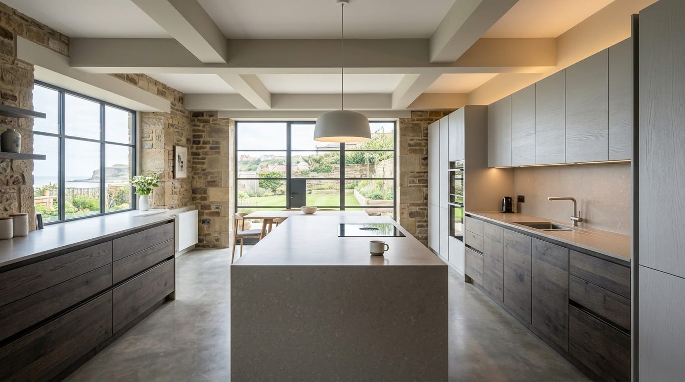 Wide view of a newly completed bespoke Mastercraft kitchen, timber veneer slab-door cabinetry in gunmetal grey tones