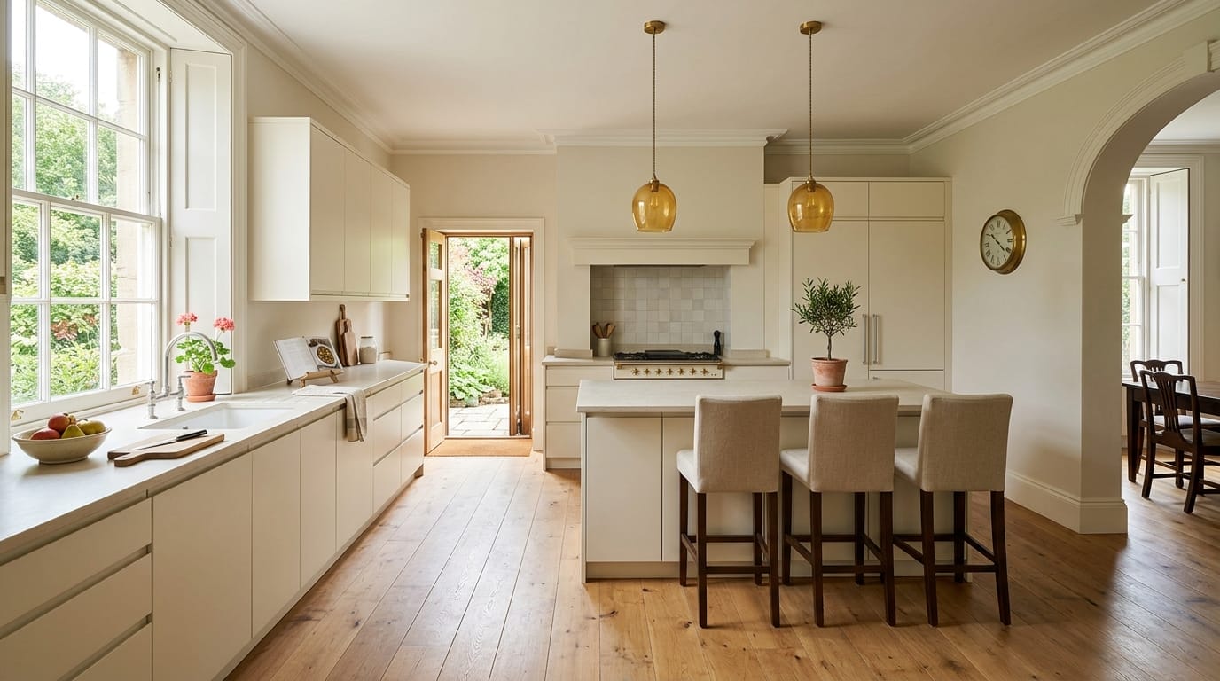 Wide view of a newly completed bespoke Mastercraft kitchen, contemporary painted lay-on cabinetry in slate blue tones
