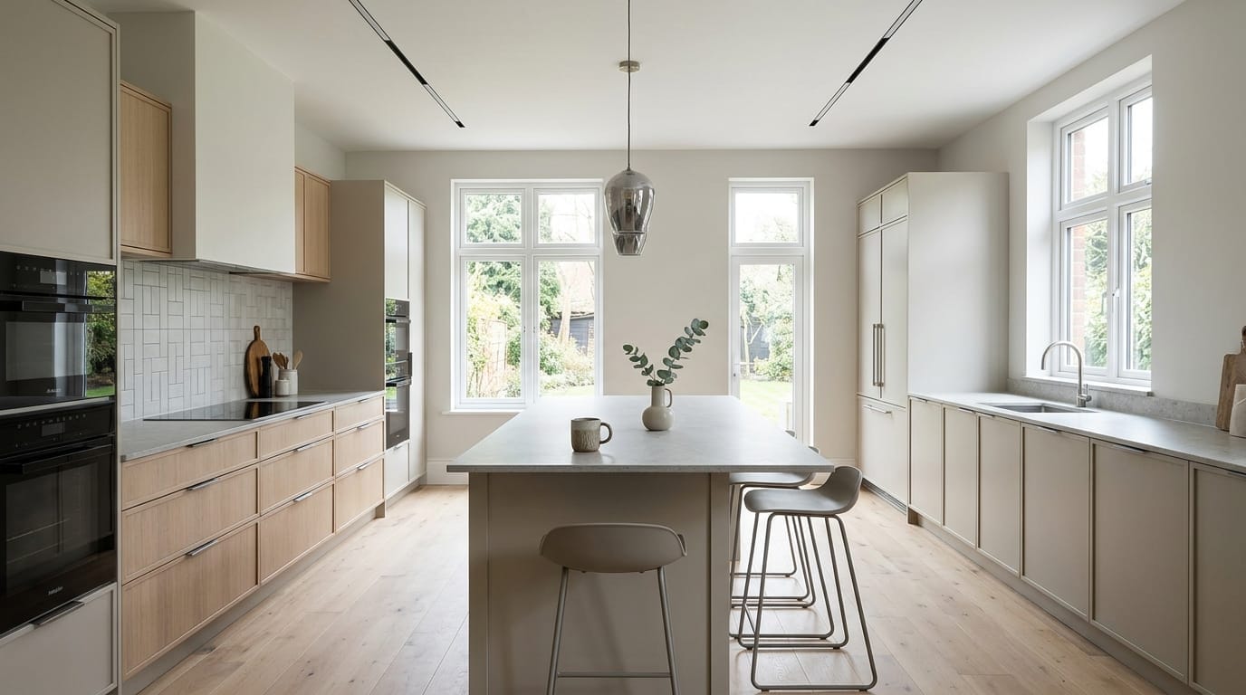 Wide view of a newly completed bespoke Mastercraft kitchen, matt painted handleless slab cabinetry in viridian tones