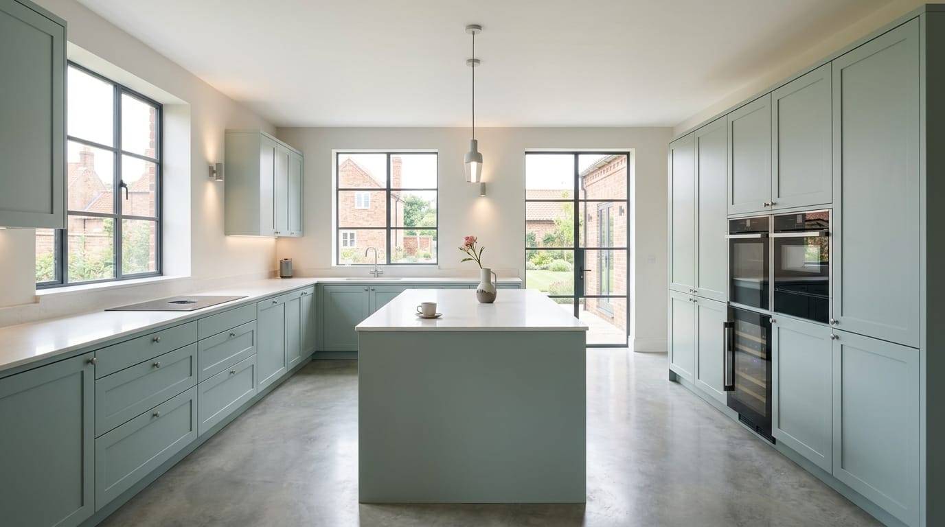 Wide view of a newly completed bespoke Mastercraft kitchen, timber veneer slab-door cabinetry in marine tones