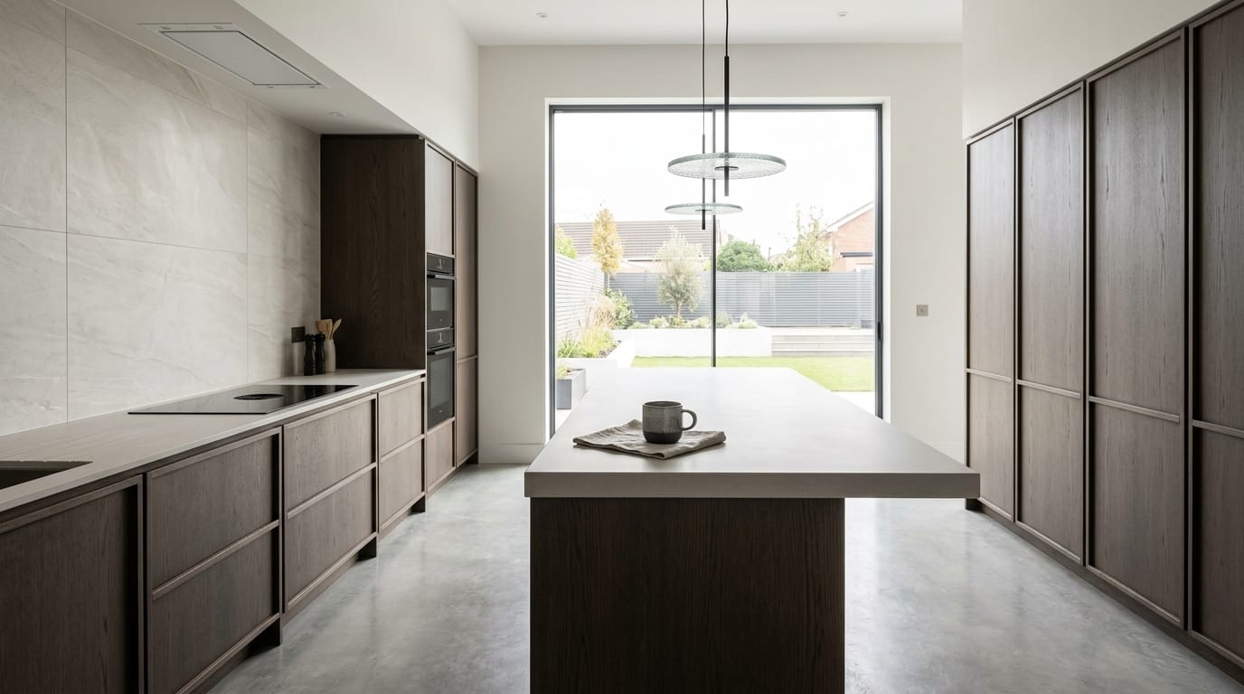 Wide view of a newly completed bespoke Mastercraft kitchen, contemporary painted lay-on cabinetry in mussel tones