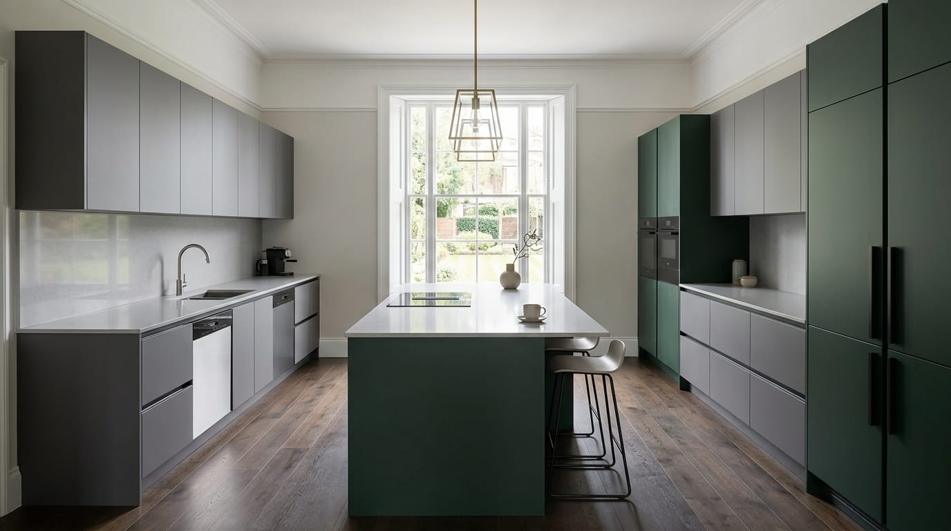 Wide view of a newly completed bespoke Mastercraft kitchen, contemporary painted lay-on cabinetry in brilliant white tones