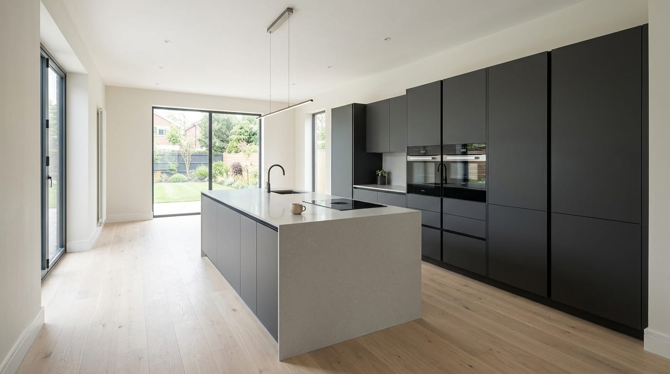 Wide view of a newly completed bespoke Mastercraft kitchen, modern shaker cabinetry in slate blue tones