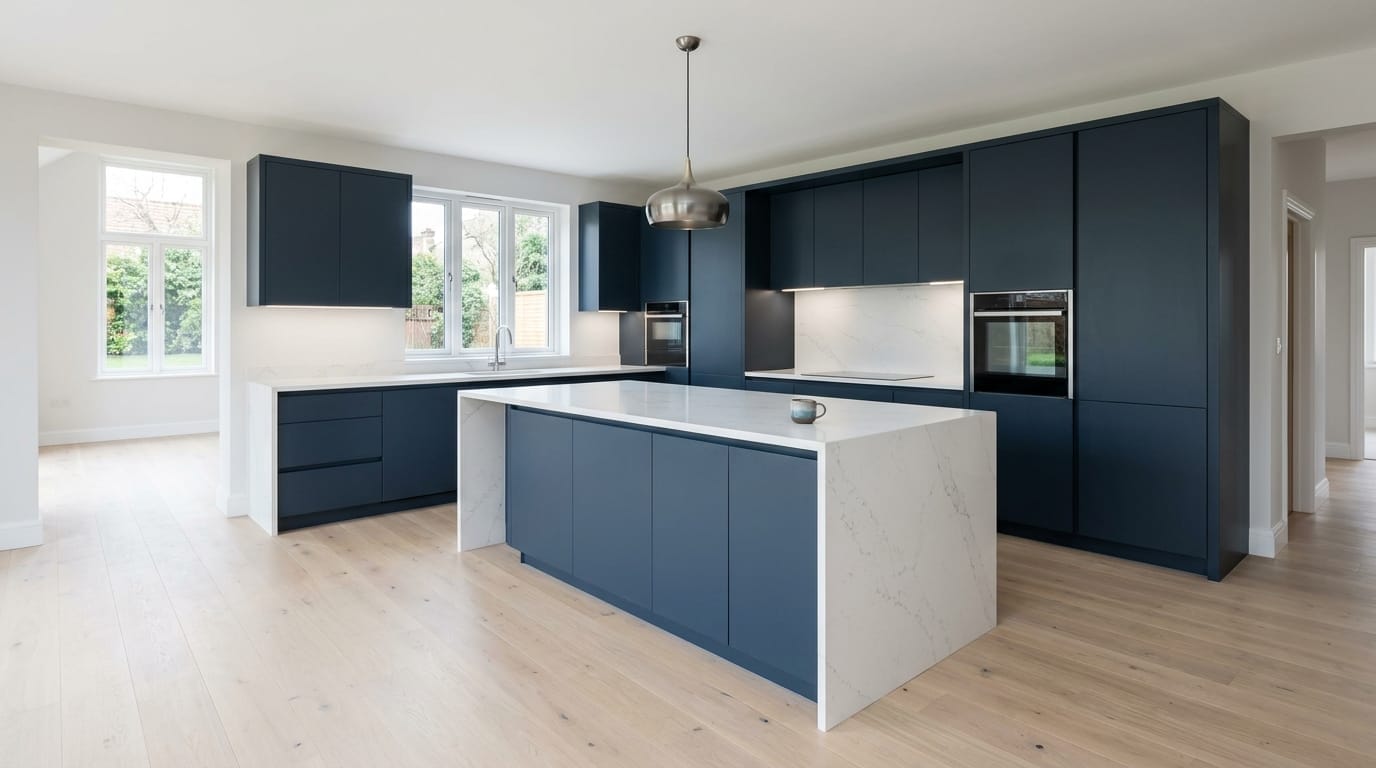 Wide view of a newly completed bespoke Mastercraft kitchen, timber veneer slab-door cabinetry in graphite tones