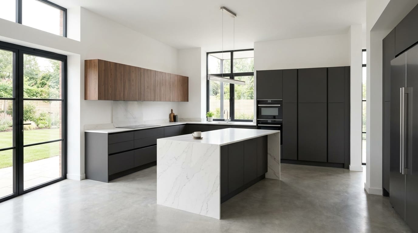 Wide view of a newly completed bespoke Mastercraft kitchen, timber veneer slab-door cabinetry in heritage green tones