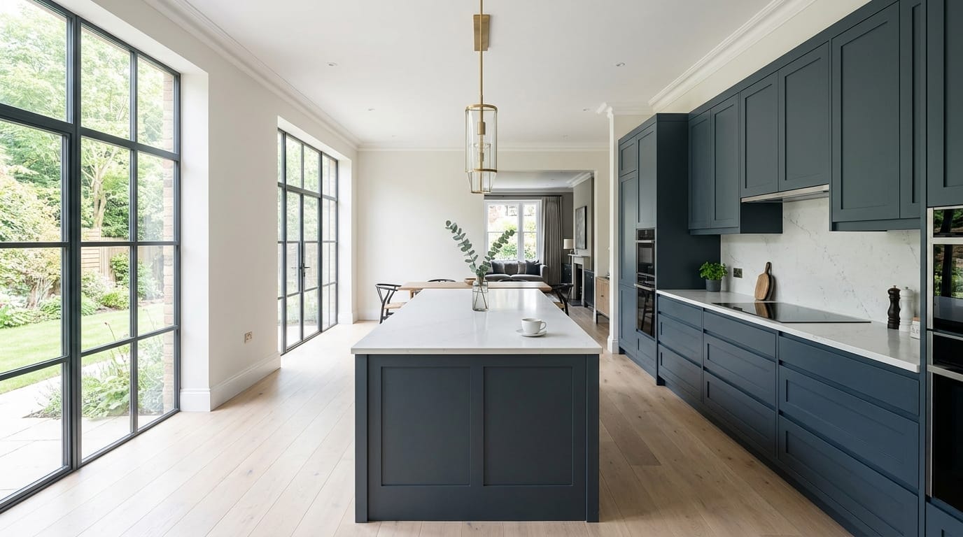 Wide view of a newly completed bespoke Mastercraft kitchen, timber veneer slab-door cabinetry in cardamom tones