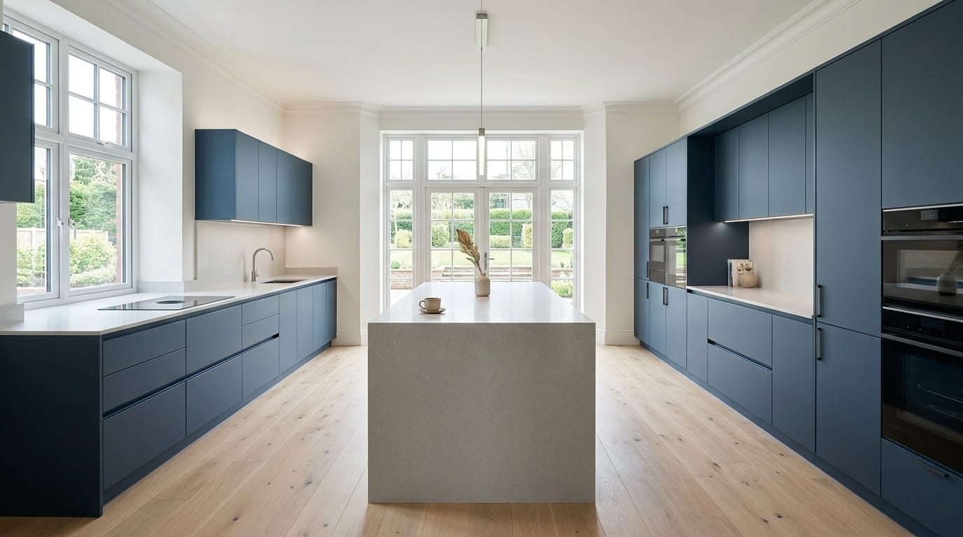 Wide view of a newly completed bespoke Mastercraft kitchen, contemporary in-frame cabinetry in stone tones