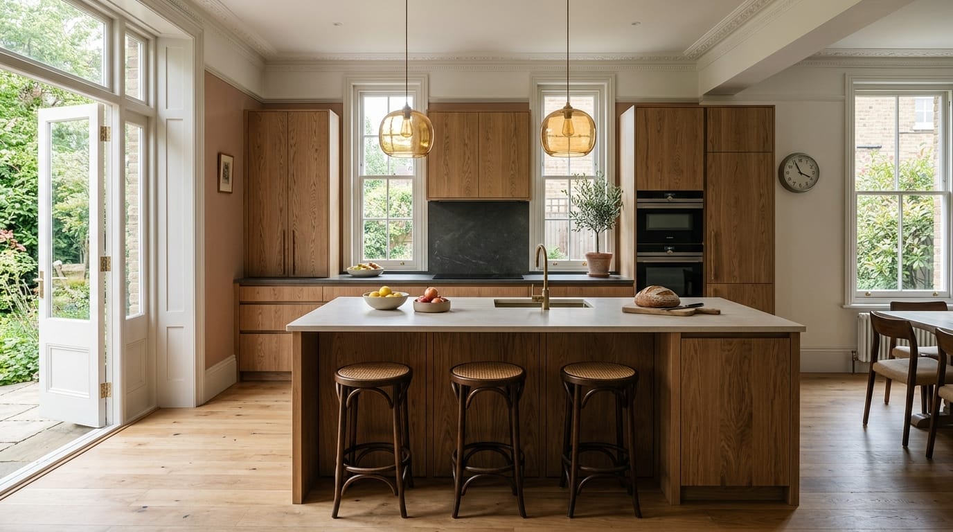 Wide view of a bespoke Mastercraft kitchen in a Harpenden home, timber veneer slab-door cabinetry in natural oak tones