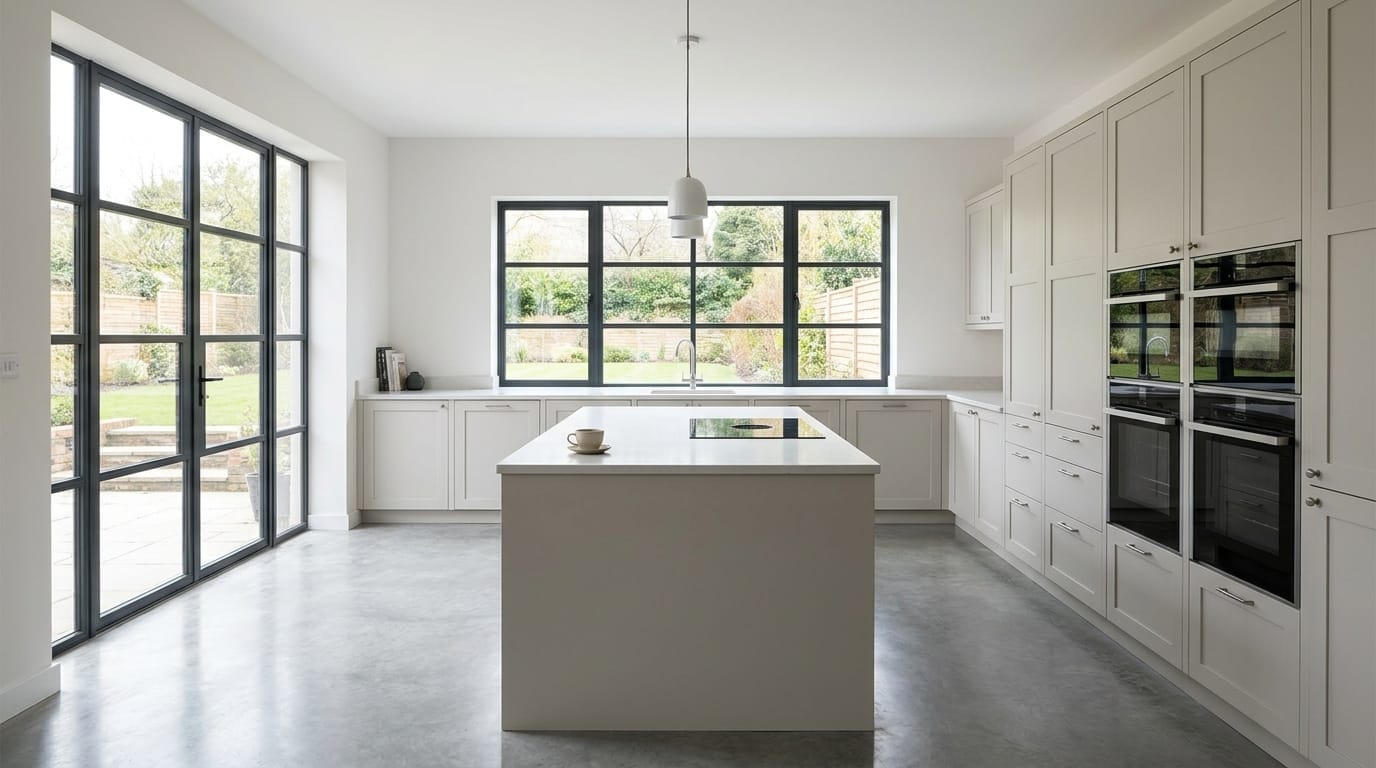 Wide view of a newly completed bespoke Mastercraft kitchen, modern shaker cabinetry in marine tones