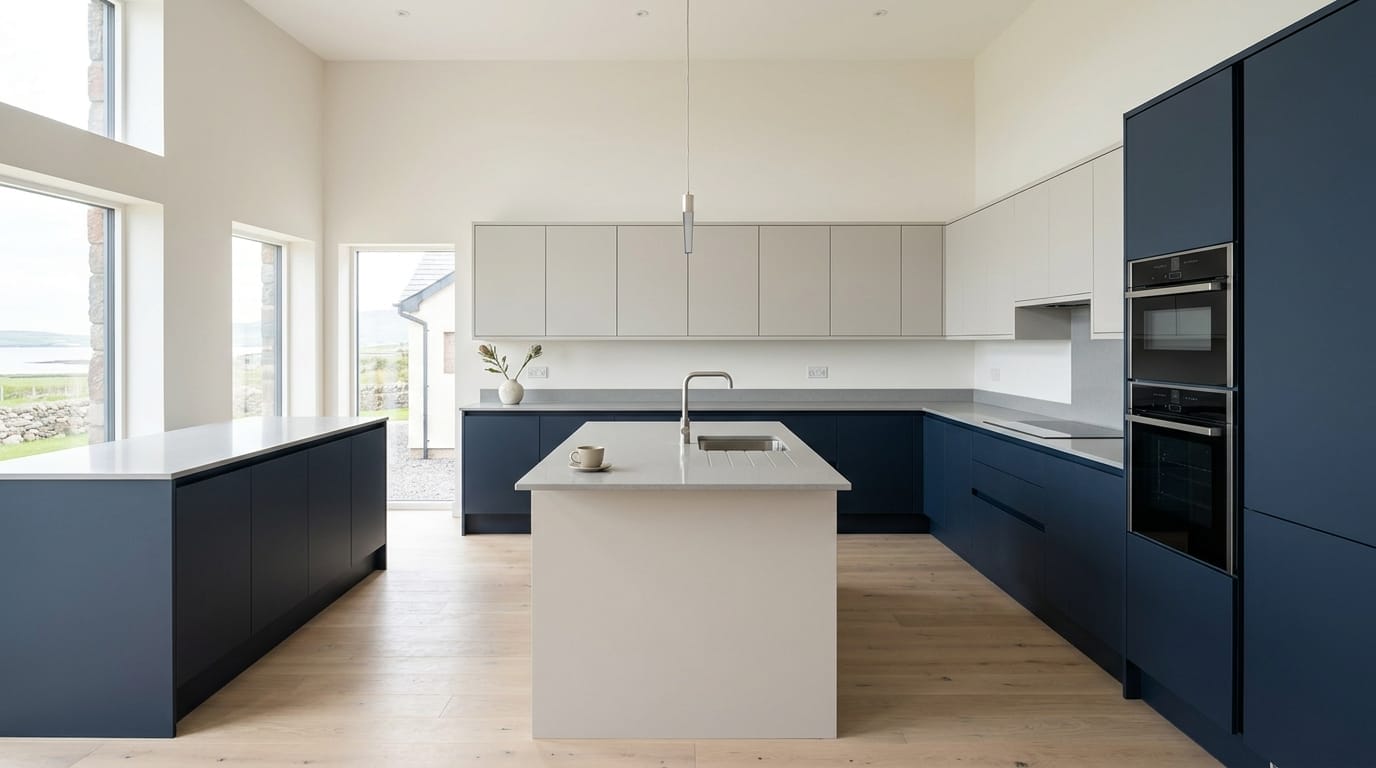 Wide view of a newly completed bespoke Mastercraft kitchen, matt painted handleless slab cabinetry in gunmetal grey tones