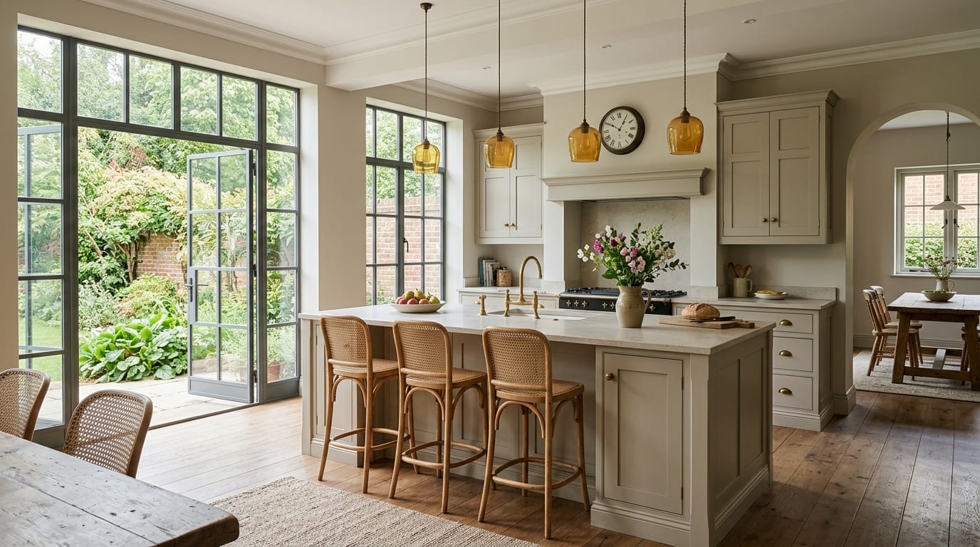 light kitchen with large windows, wooden stools, and yellow glass pendant lights