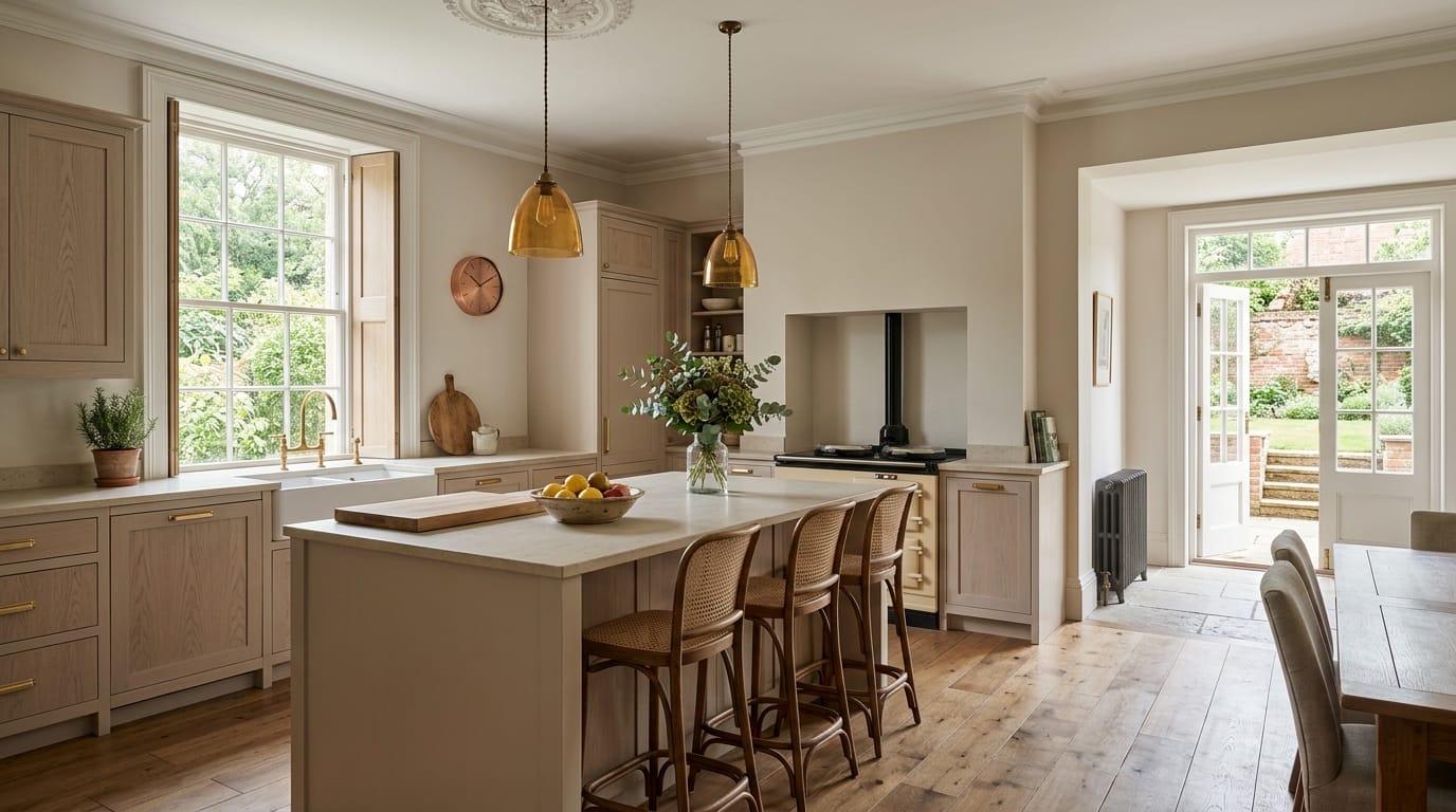 Light wood Mastercraft kitchen with central island, amber pendant lights and garden view