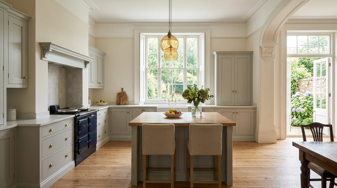 light grey kitchen with wooden island, pendant lights and large sash window