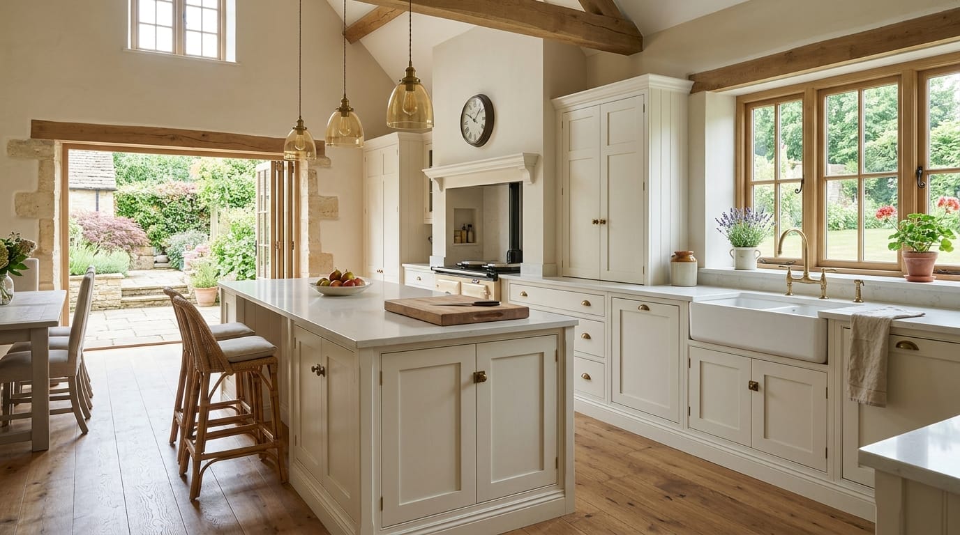 Wide view of a bespoke Mastercraft kitchen in a Cirencester home, painted lay-on shaker cabinetry in warm off white tones