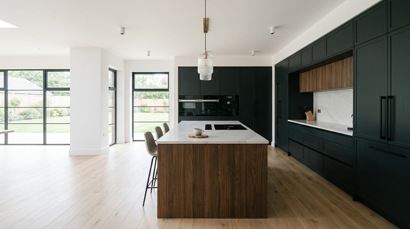 Wide view of a newly completed bespoke Mastercraft kitchen, timber veneer slab-door cabinetry in deep forest tones
