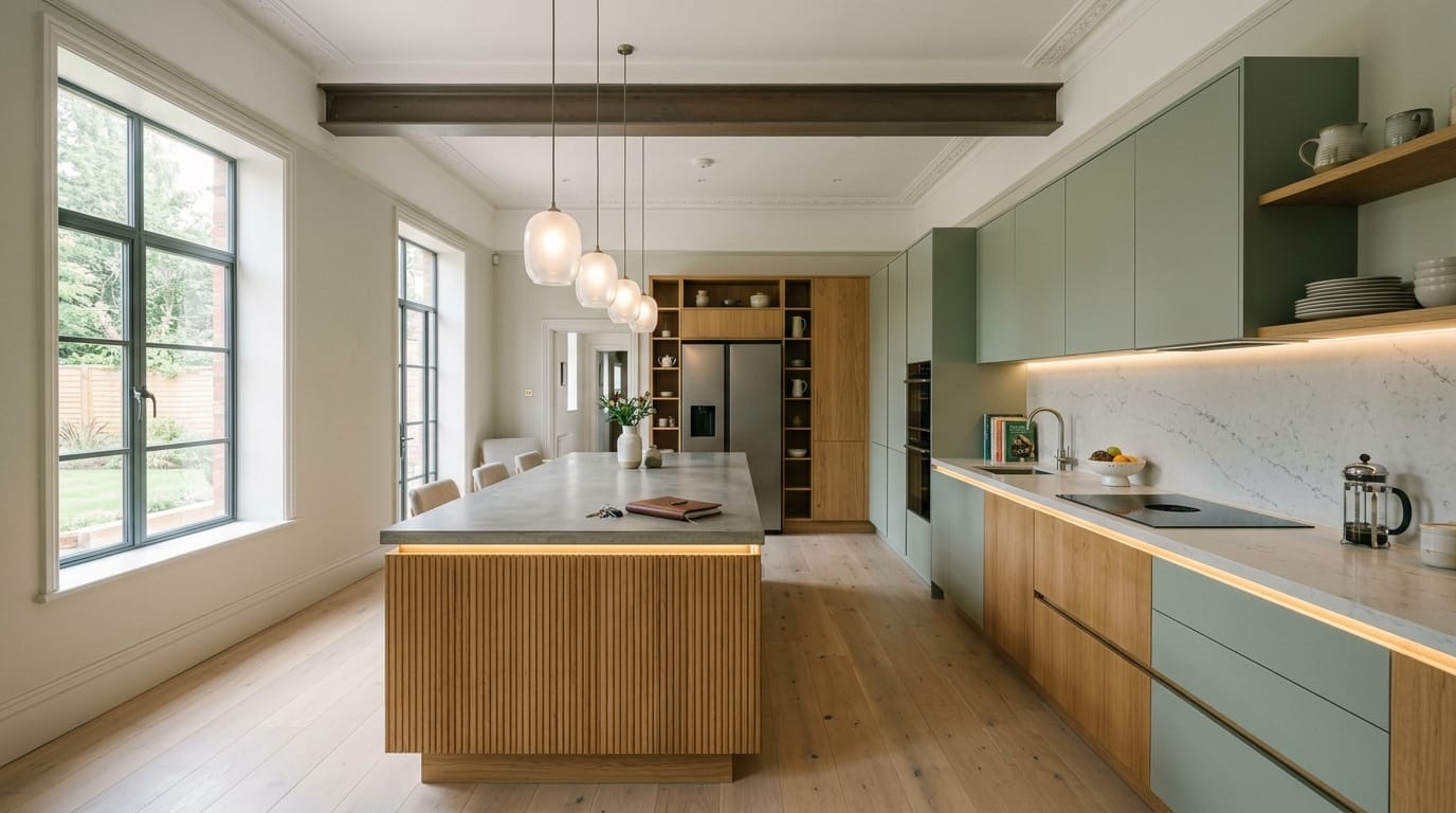 Wide view of a newly completed bespoke Mastercraft kitchen, contemporary painted lay-on cabinetry in shell tones