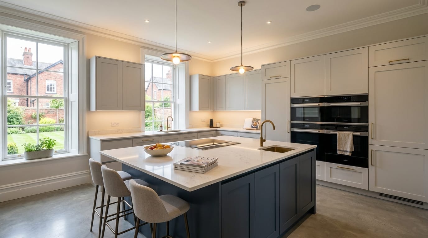 Wide view of a newly completed bespoke Mastercraft kitchen, modern shaker cabinetry in stone tones