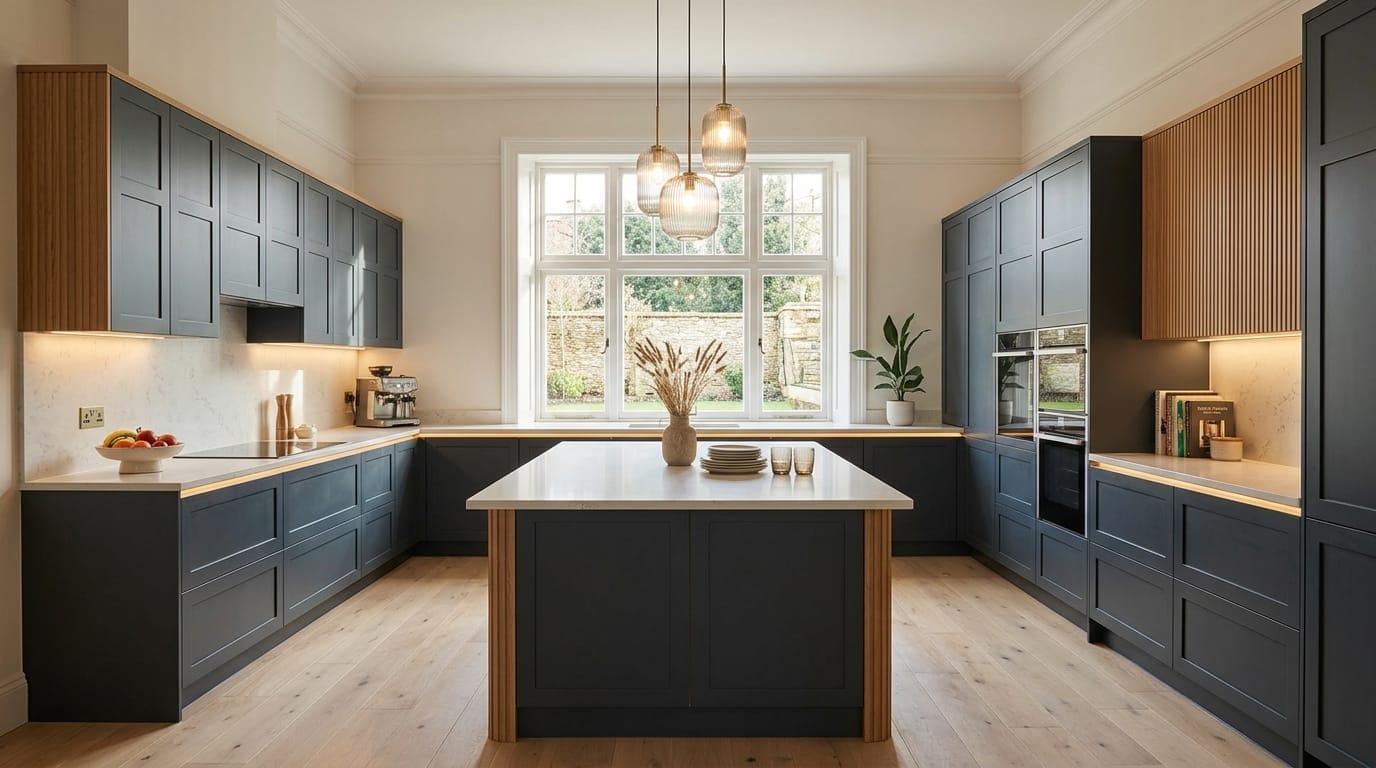 Wide view of a newly completed bespoke Mastercraft kitchen, timber veneer slab-door cabinetry in shell tones