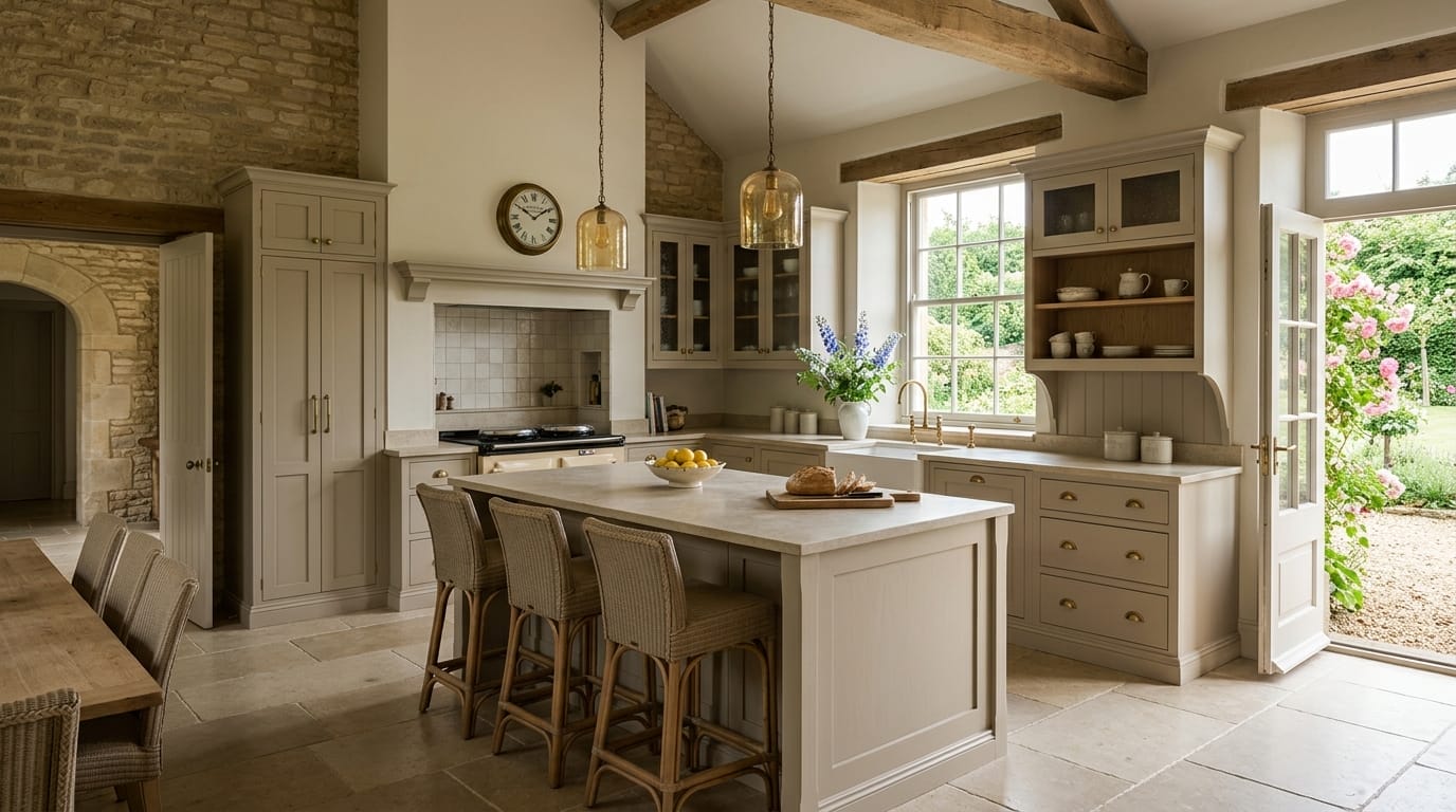 Classic Mastercraft kitchen with stone walls, cream units, central island and exposed beams