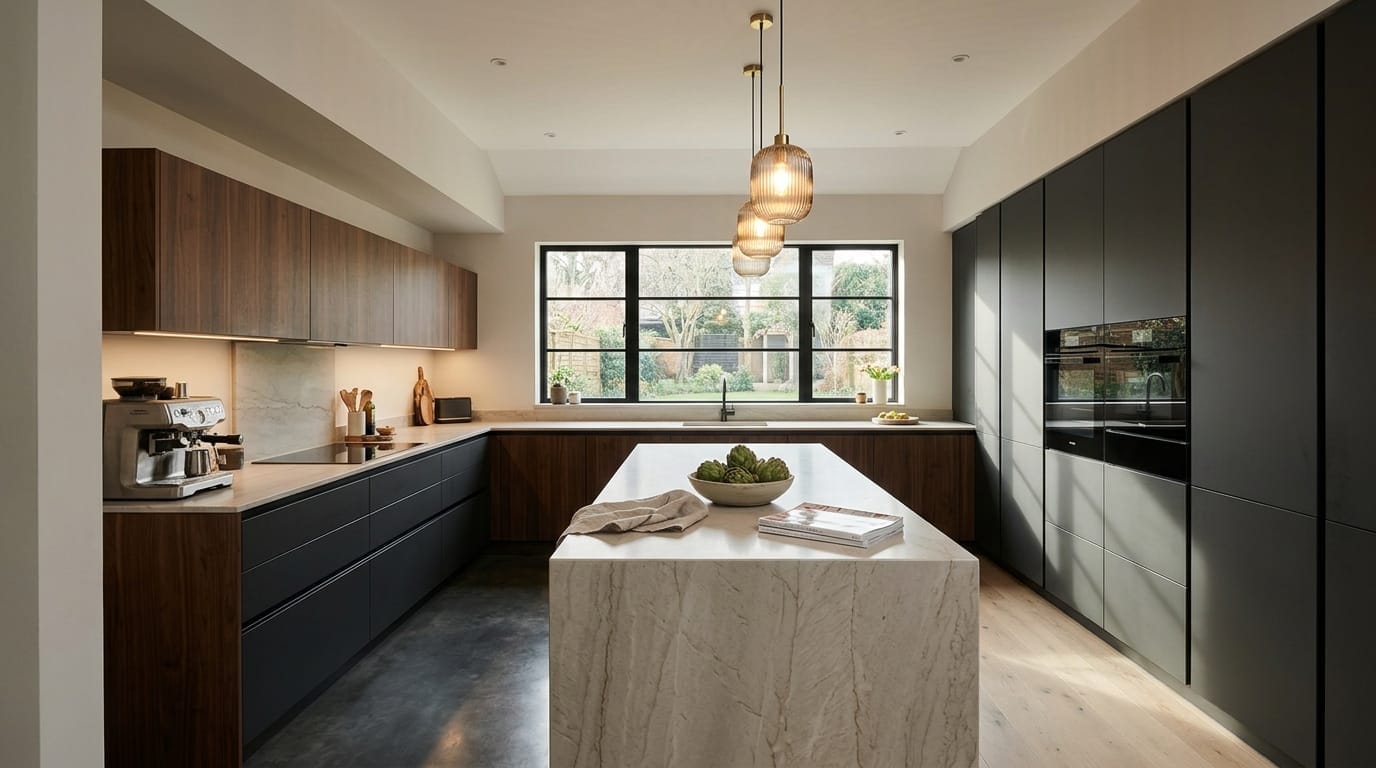 Wide view of a newly completed bespoke Mastercraft kitchen, contemporary painted lay-on cabinetry in reed green tones