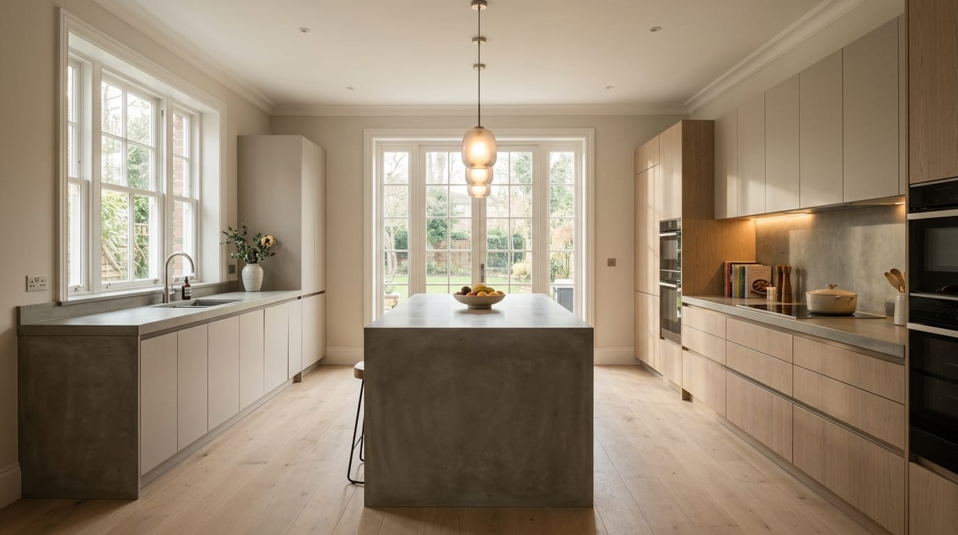 Wide view of a newly completed bespoke Mastercraft kitchen, matt painted handleless slab cabinetry in indigo tones
