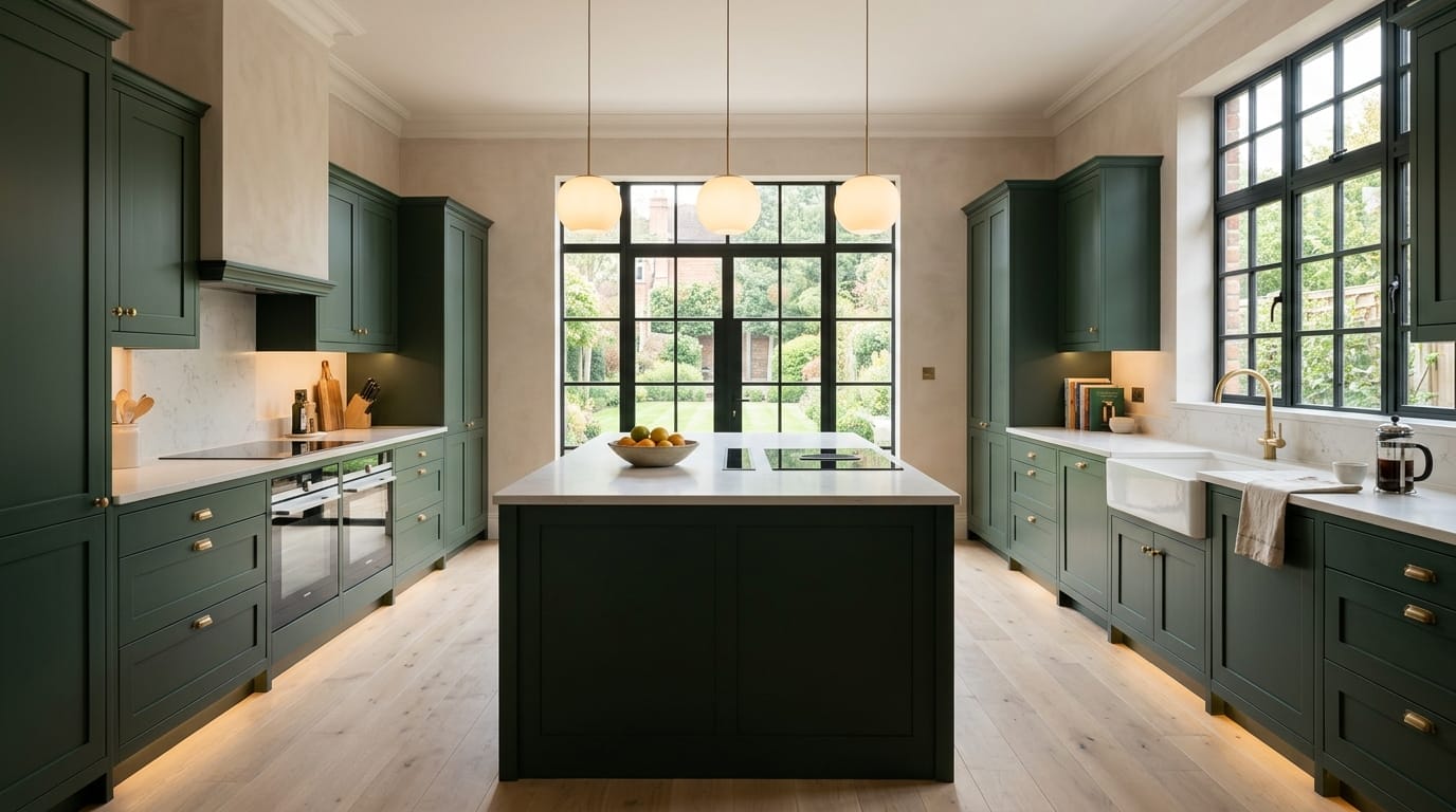 Wide view of a newly completed bespoke Mastercraft kitchen, contemporary painted lay-on cabinetry in cannon black tones