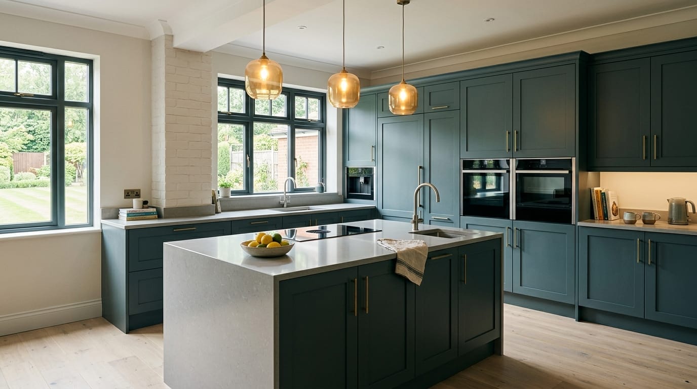 Wide view of a newly completed bespoke Mastercraft kitchen, matt painted handleless slab cabinetry in reed green tones