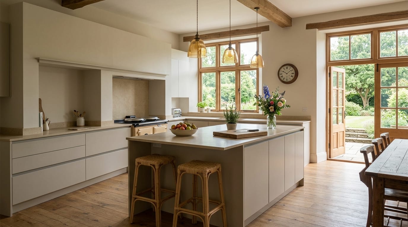 light kitchen with wooden beams, island, rattan stools and large windows