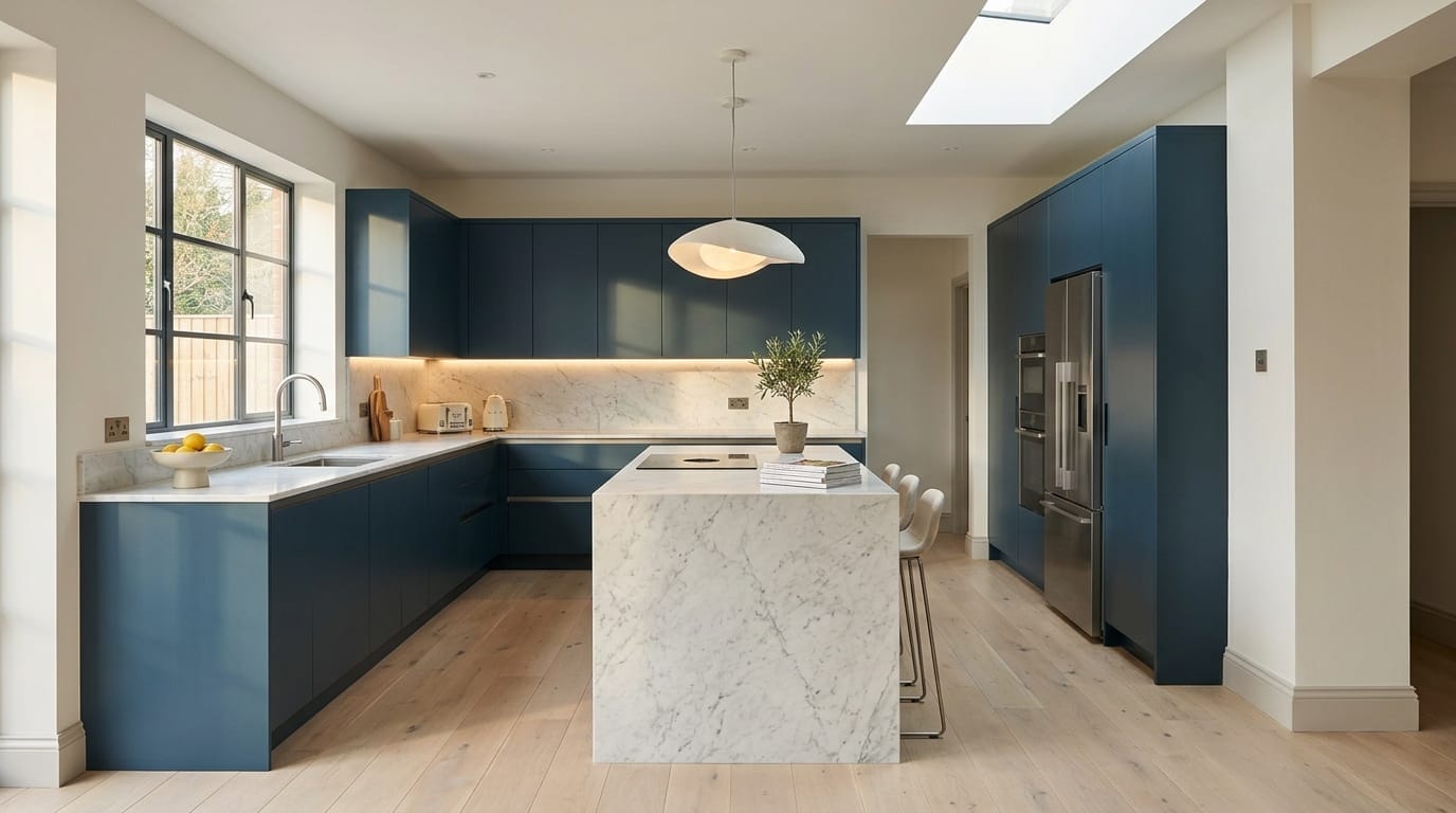 Wide view of a newly completed bespoke Mastercraft kitchen, modern shaker cabinetry in lava tones