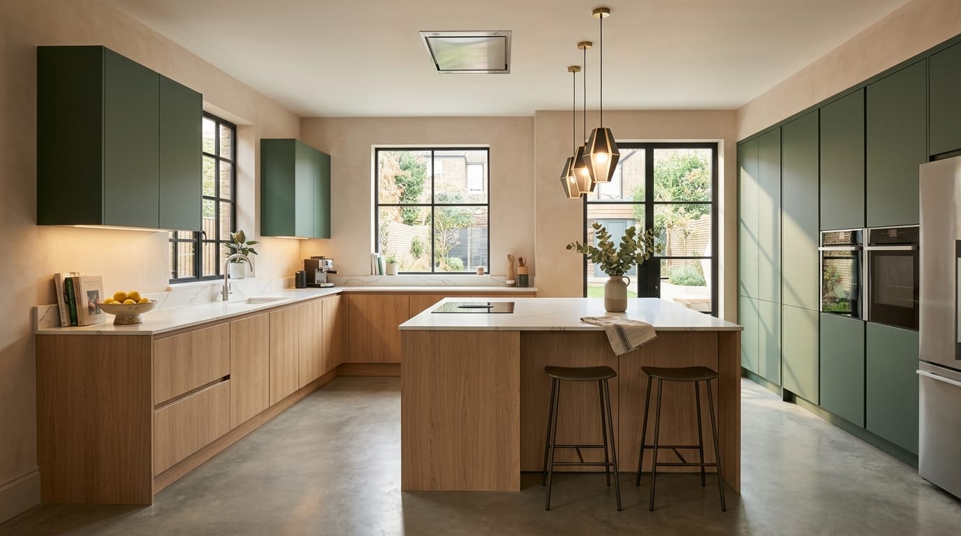 Wide view of a newly completed bespoke Mastercraft kitchen, timber veneer slab-door cabinetry in taupe grey tones
