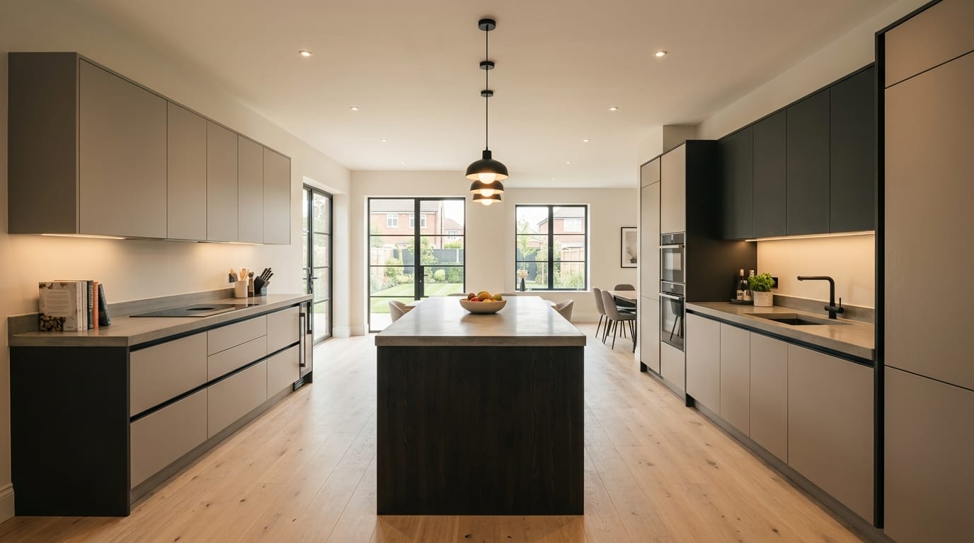 Wide view of a newly completed bespoke Mastercraft kitchen, contemporary painted lay-on cabinetry in viridian tones