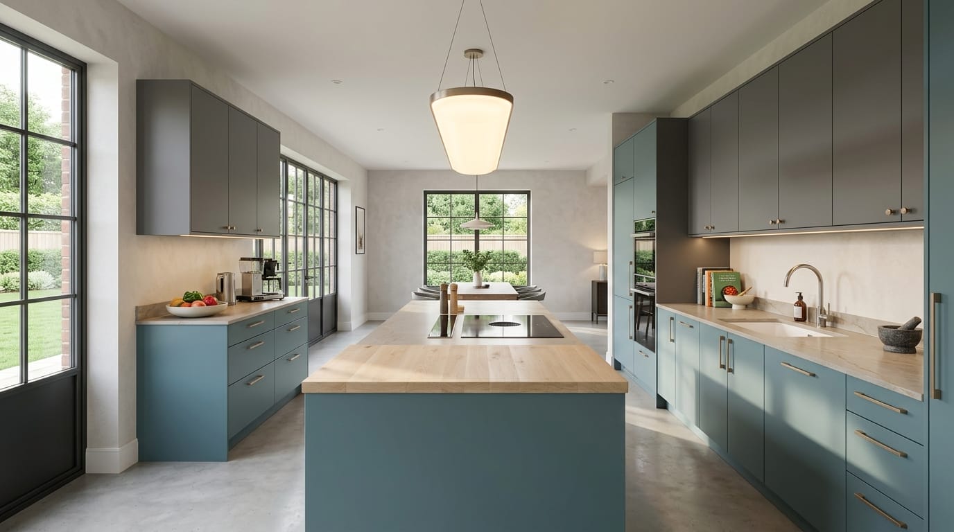 Wide view of a newly completed bespoke Mastercraft kitchen, modern shaker cabinetry in stone grey tones