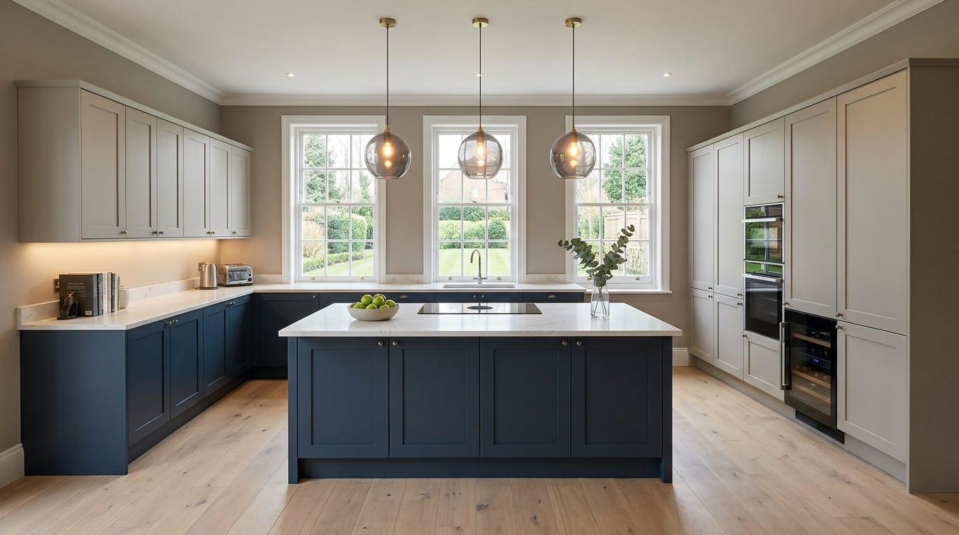 Wide view of a newly completed bespoke Mastercraft kitchen, contemporary painted lay-on cabinetry in gunmetal grey tones