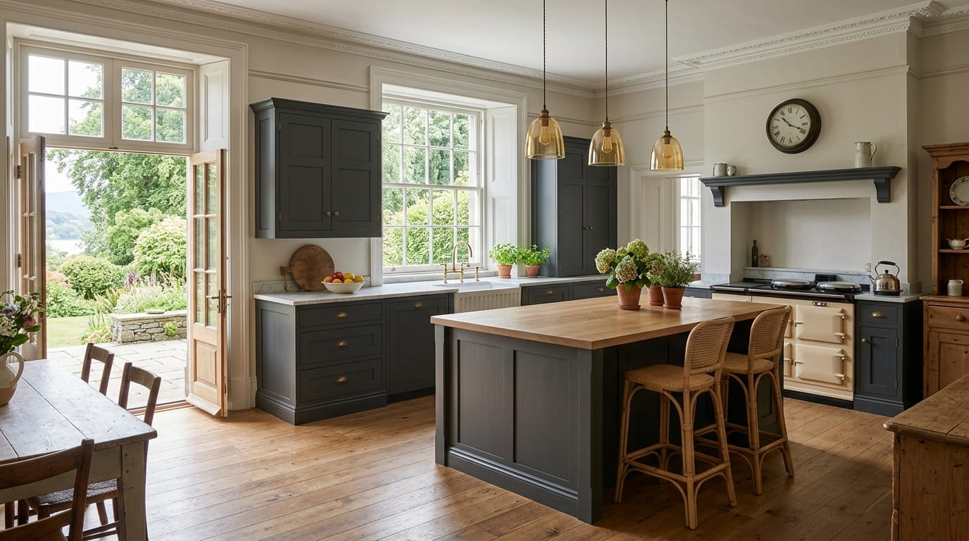classic kitchen with dark blue units, wooden island and large sash windows