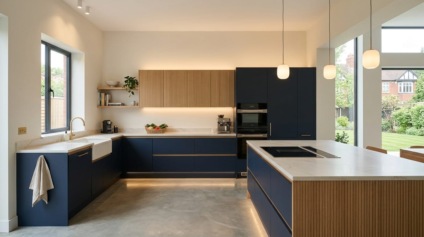 Wide view of a newly completed bespoke Mastercraft kitchen, contemporary in-frame cabinetry in sage green tones