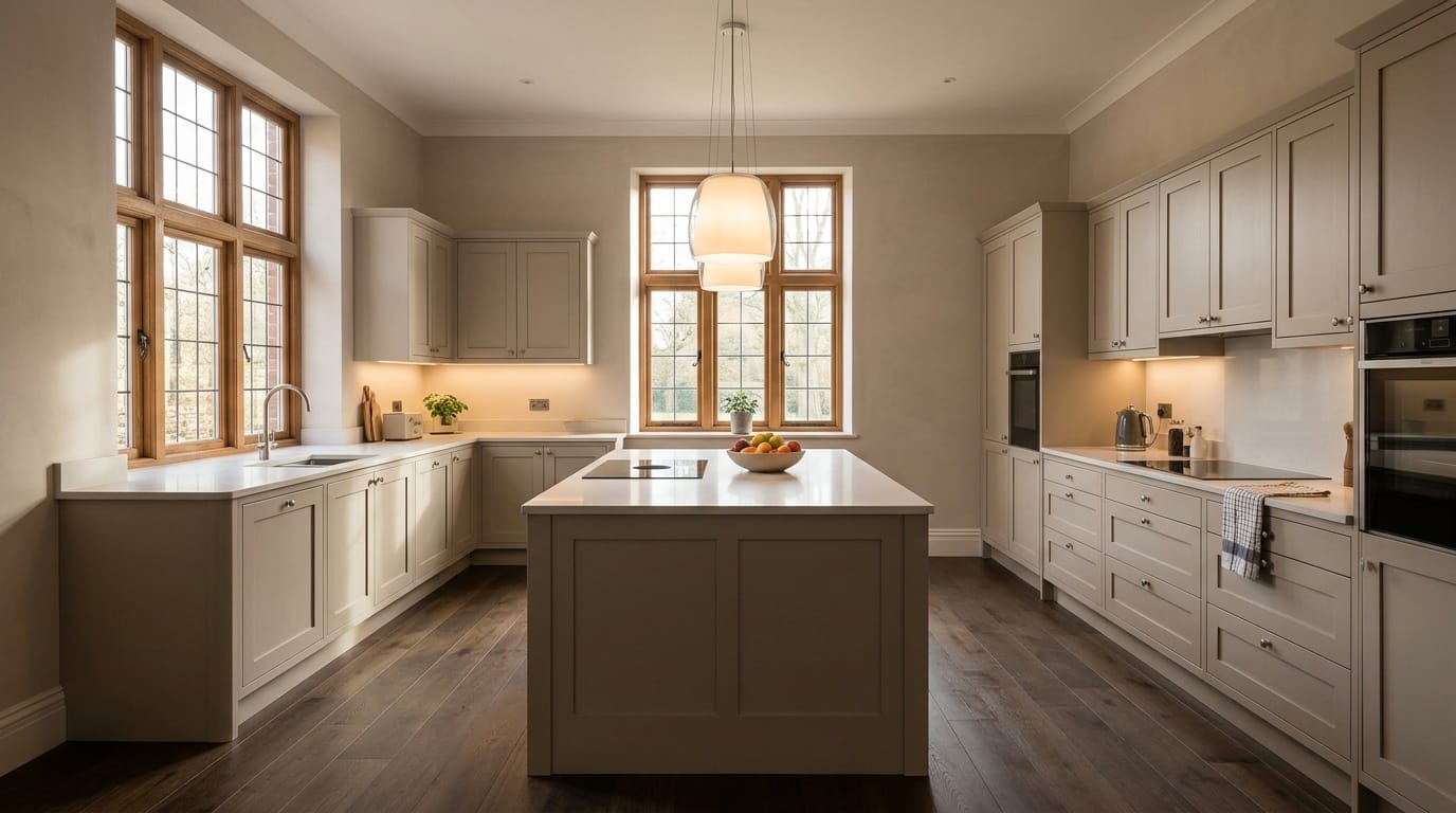 Wide view of a newly completed bespoke Mastercraft kitchen, contemporary in-frame cabinetry in cardamom tones