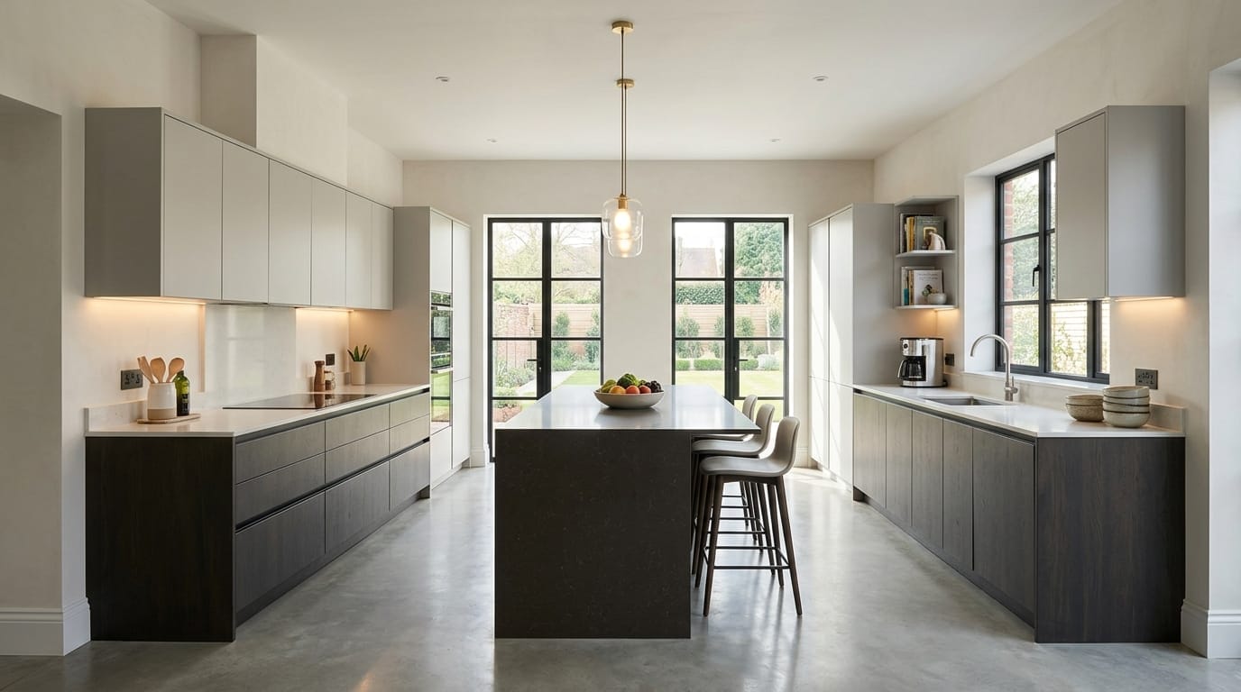 Wide view of a newly completed bespoke Mastercraft kitchen, matt painted handleless slab cabinetry in heritage green tones