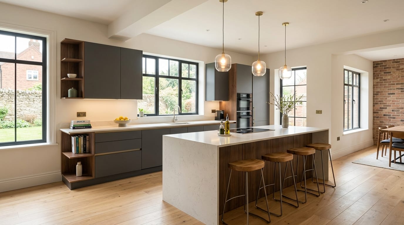 Wide view of a newly completed bespoke Mastercraft kitchen, modern shaker cabinetry in reed green tones